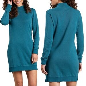 Toad&Co Blue Epiq Mock Neck Sweater Dress Hemp Organic Cotton Sweatshirt Hiking